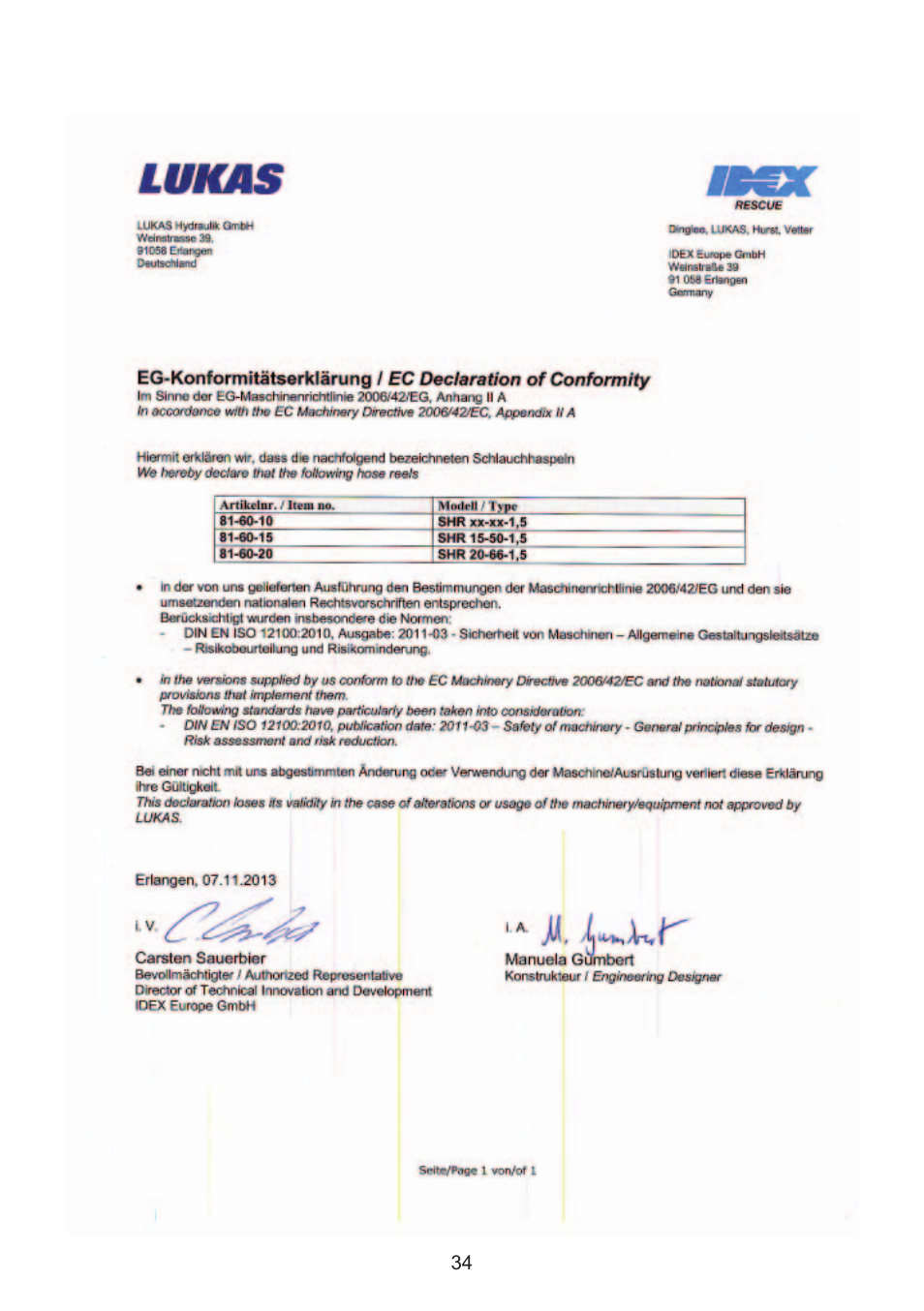 Ec declarations of conformity | Lukas SHR 20 User Manual | Page 34 / 36