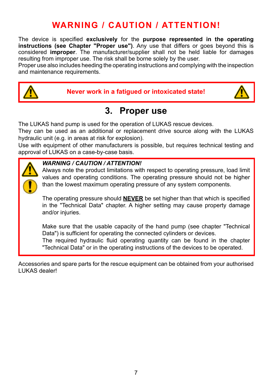 Proper use 3, Warning / caution / attention | Lukas LH 2/ 1,8-70 DIN User Manual | Page 7 / 28