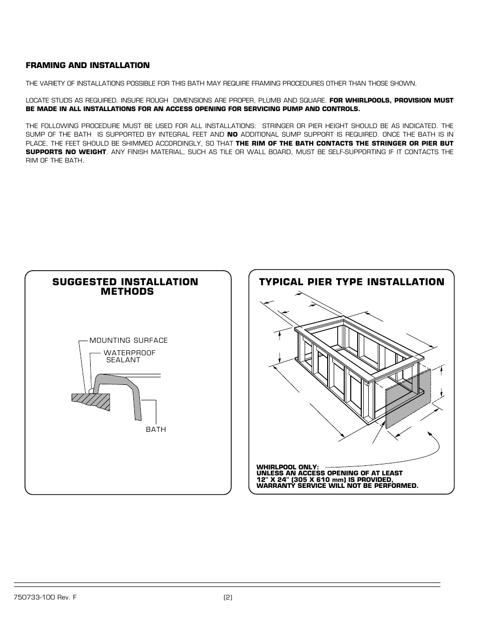 Suggested installation methods, Typical pier type installation, Framing and installation | American Standard Whirlpool/Bathing Pool 2645 Series User Manual | Page 2 / 4