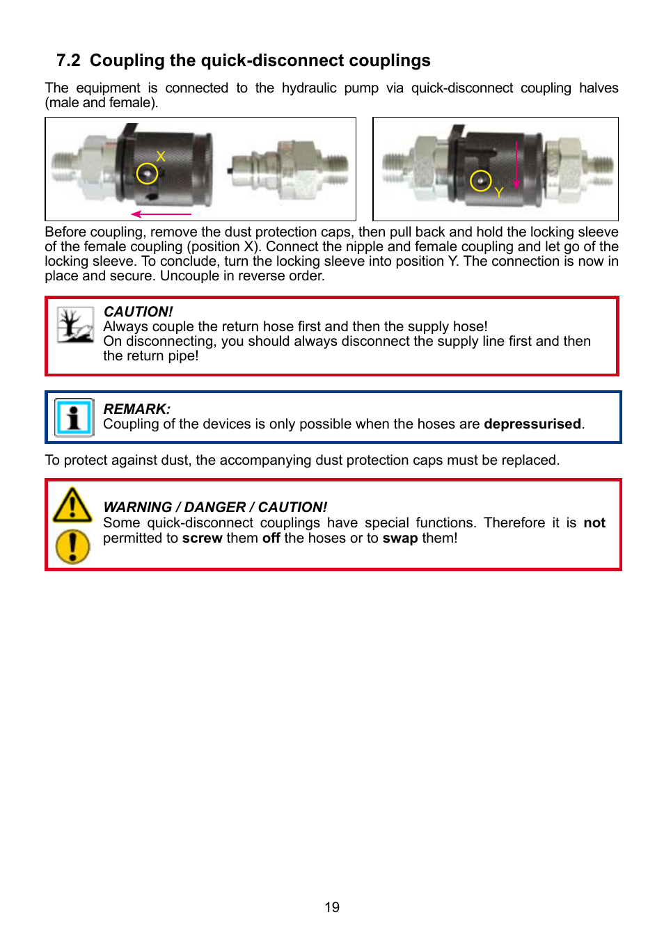2 coupling the quick-disconnect couplings | Lukas P 640 TG User Manual | Page 19 / 48