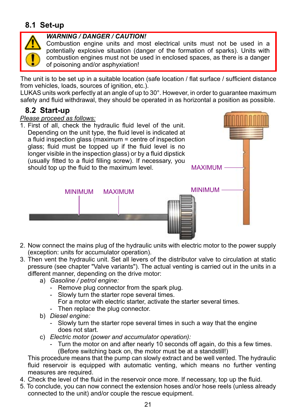 1 set-up 8.2 start-up | Lukas P 640 TG User Manual | Page 21 / 48