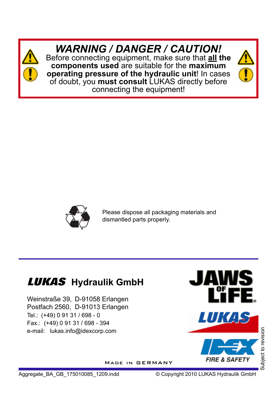 Lukas, Warning / danger / caution, Hydraulik gmbh | Lukas P 640 TG User Manual | Page 48 / 48