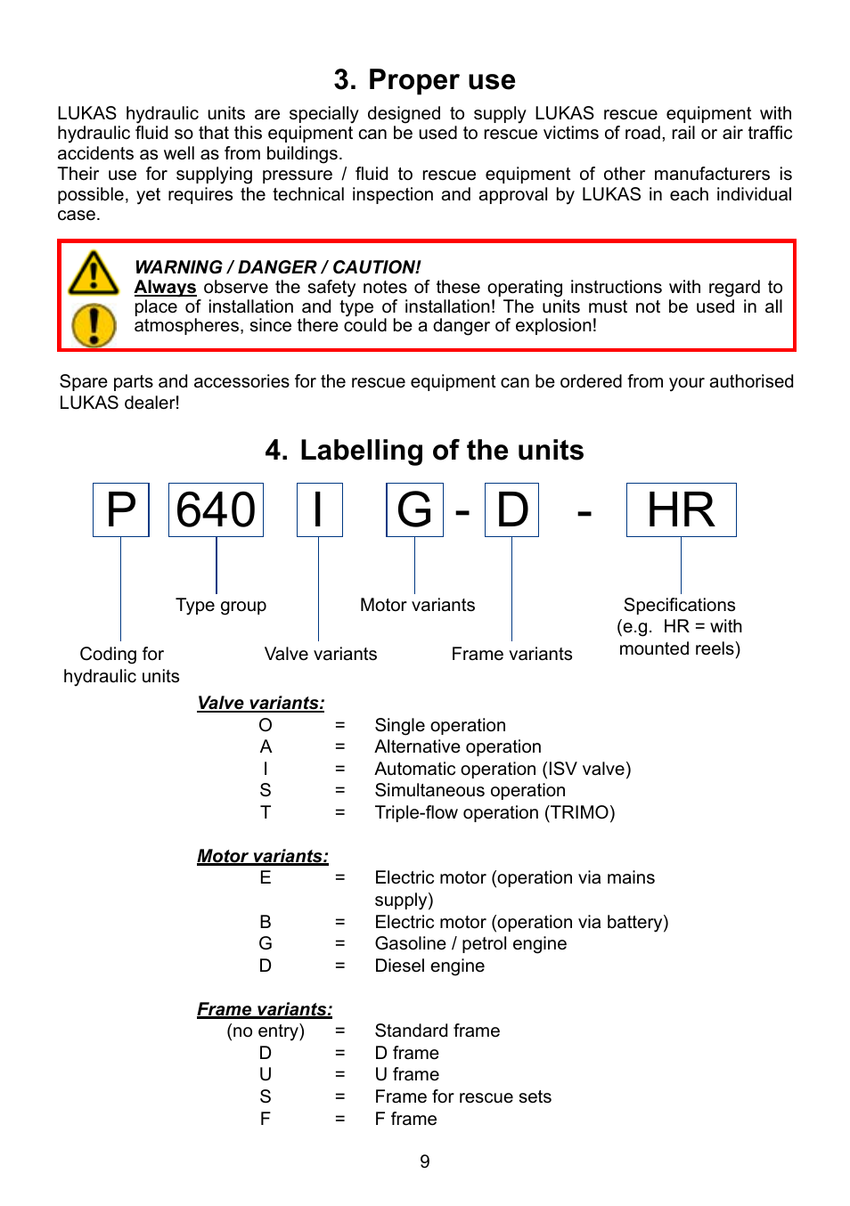 P 640 i g d, Proper use 3, Labelling of the units 4 | Lukas P 640 TG User Manual | Page 9 / 48