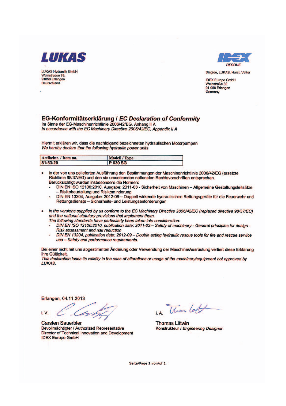 Ec declaration of conformity | Lukas P 630 SG User Manual | Page 44 / 48