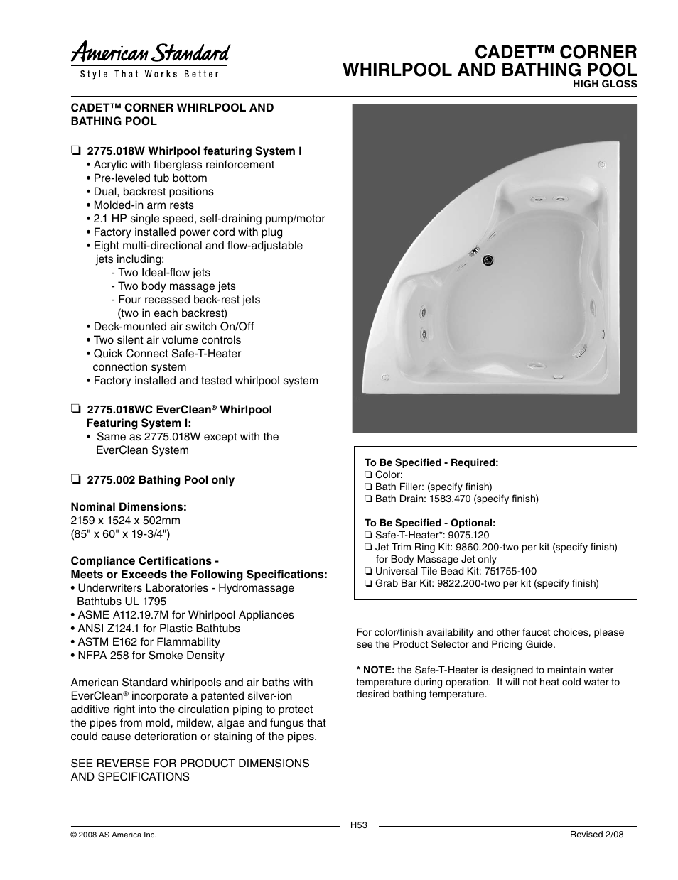 American Standard Cadet Corner Whirlpool and Bathing Pool 2775.018WC User Manual | 2 pages