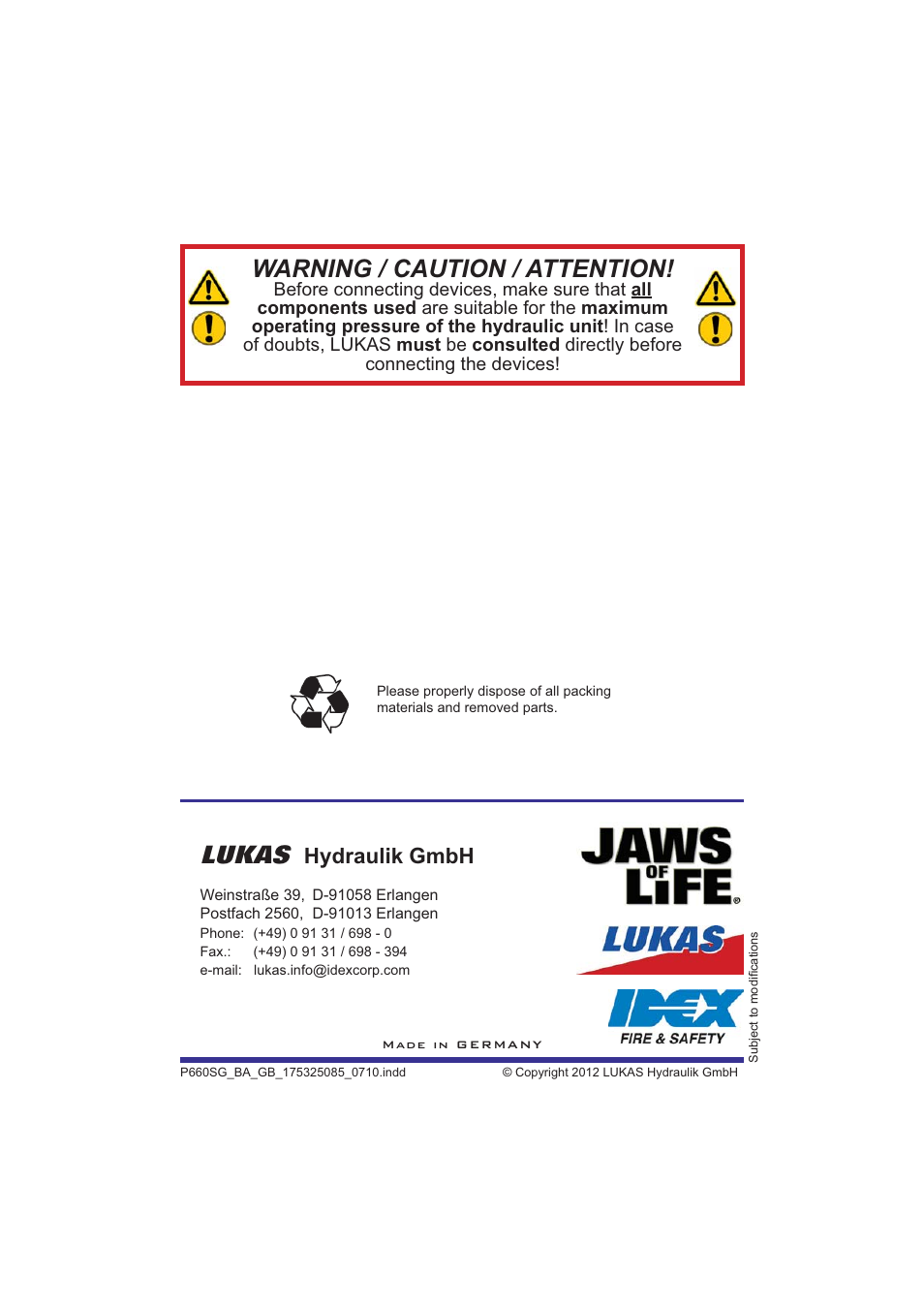 Lukas, Warning / caution / attention, Hydraulik gmbh | Lukas P 660 SG User Manual | Page 32 / 32