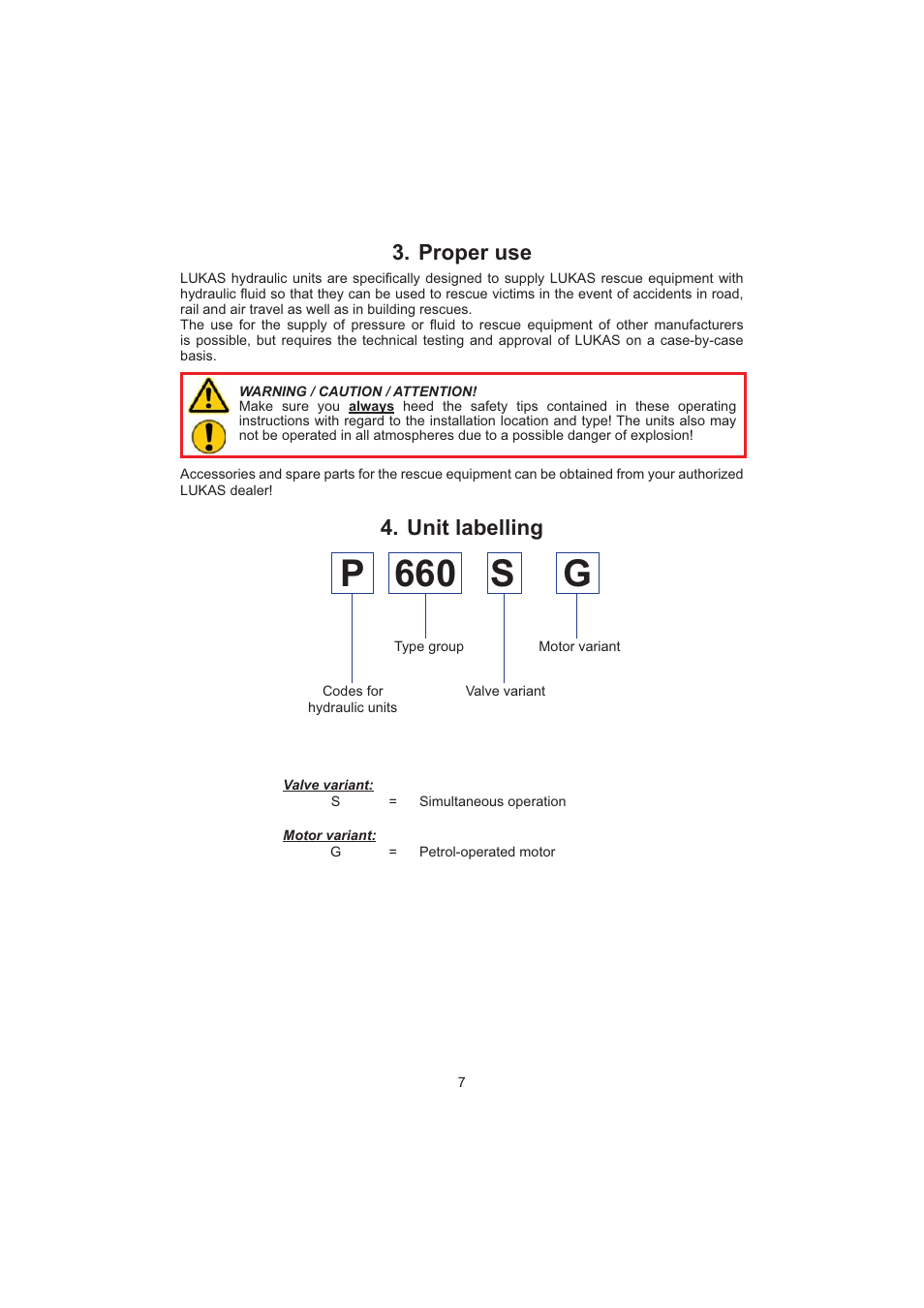 P 660 s g, Proper use, Unit labelling | Lukas P 660 SG User Manual | Page 7 / 32