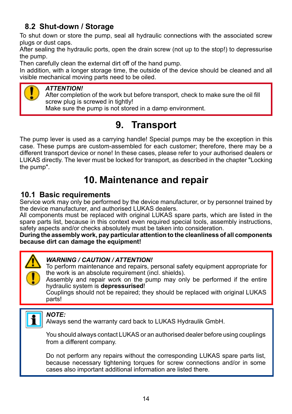 Transport 9, Maintenance and repair 10 | Lukas ZPH 3/4 User Manual | Page 14 / 32