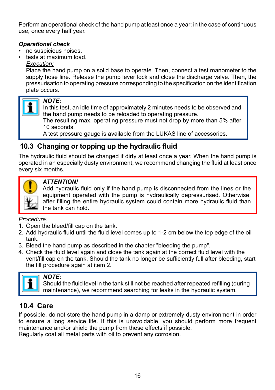 3 changing or topping up the hydraulic fluid, 4 care | Lukas ZPH 3/4 User Manual | Page 16 / 32