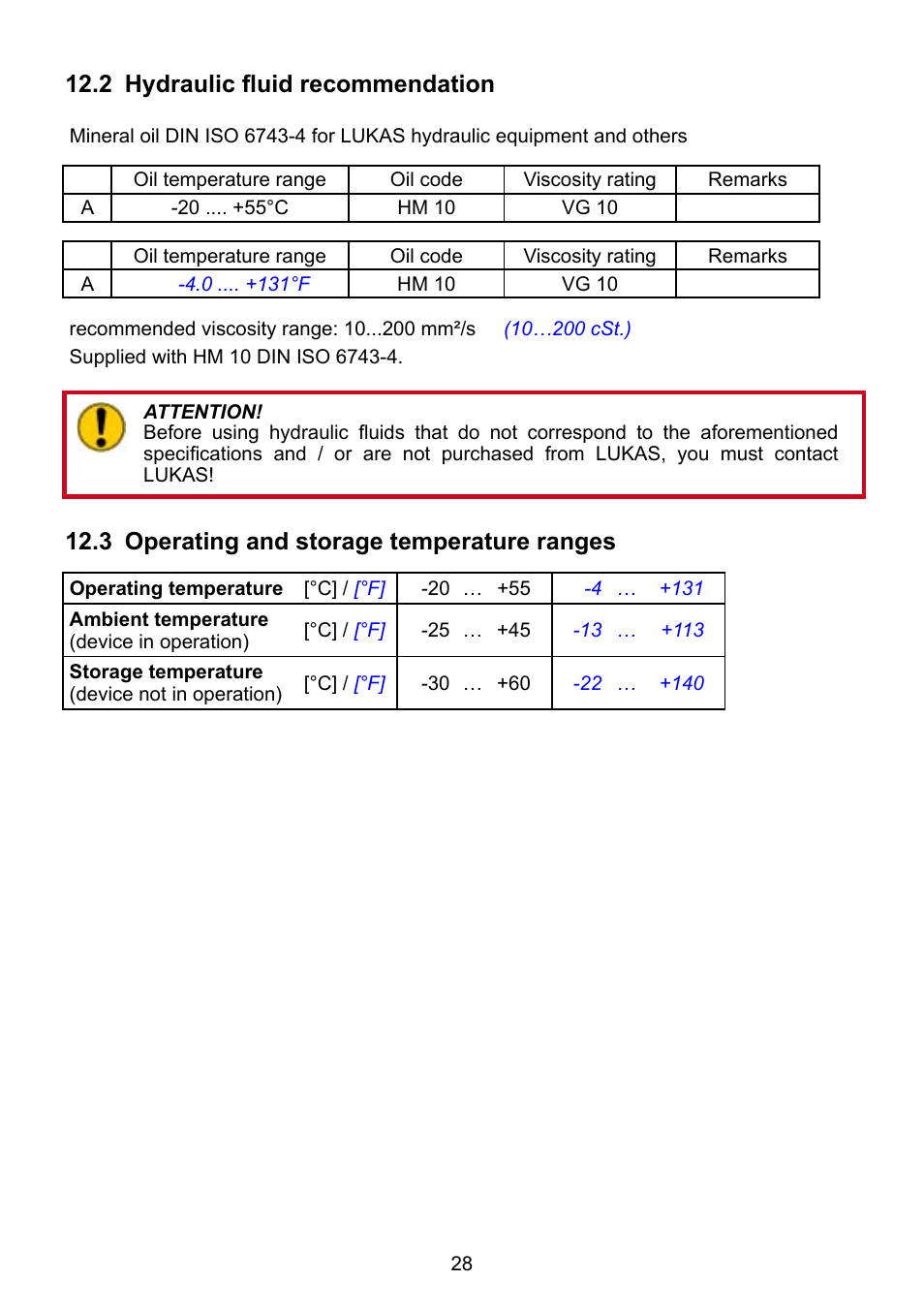 3 operating and storage temperature ranges, 2 hydraulic fluid recommendation | Lukas ZPH 3/4 User Manual | Page 28 / 32