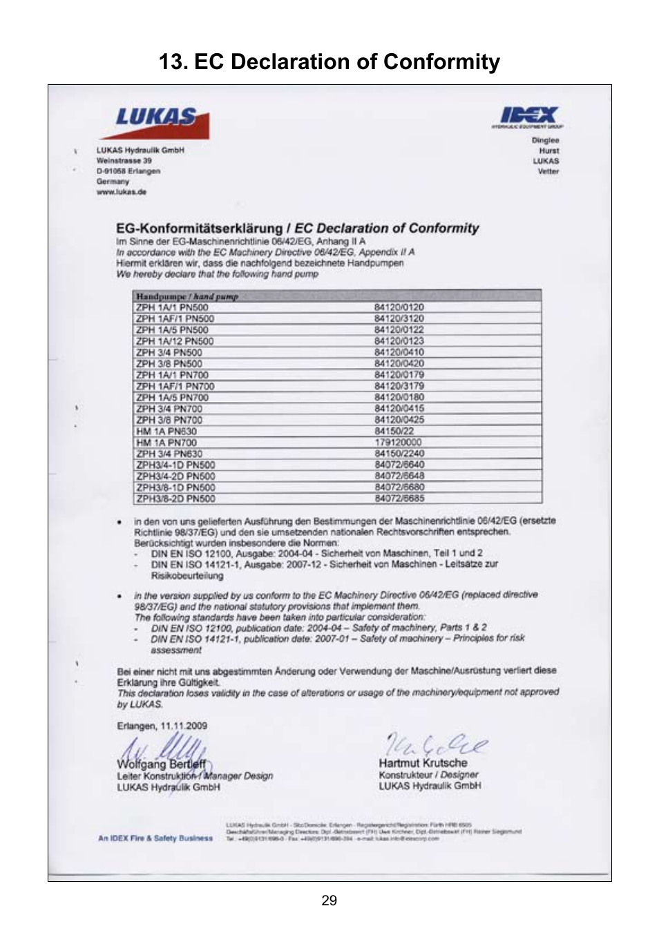 Ec declaration of conformity 13 | Lukas ZPH 3/4 User Manual | Page 29 / 32