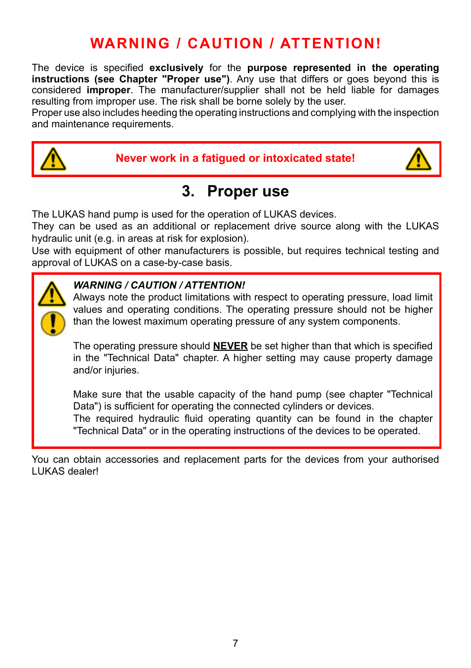Proper use 3, Warning / caution / attention | Lukas ZPH 3/4 User Manual | Page 7 / 32
