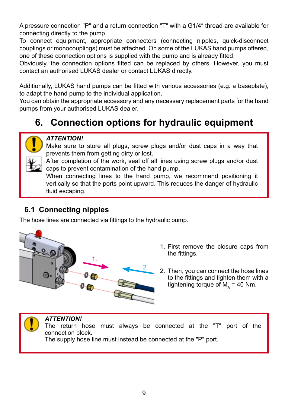 Connection options for hydraulic equipment 6, 1 connecting nipples | Lukas ZPH 3/4 User Manual | Page 9 / 32