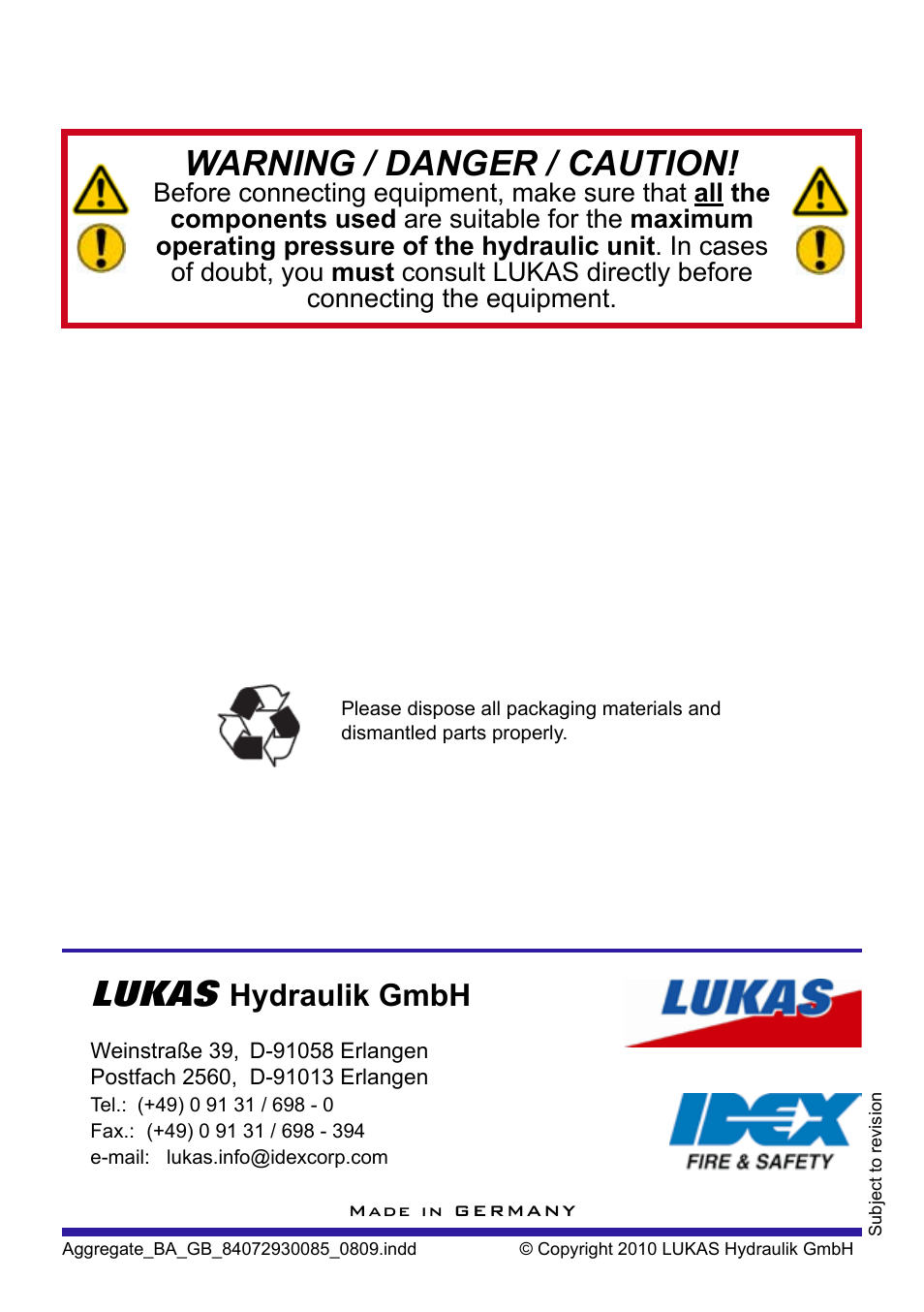 Lukas, Warning / danger / caution, Hydraulik gmbh | Lukas Compact Units User Manual | Page 40 / 40