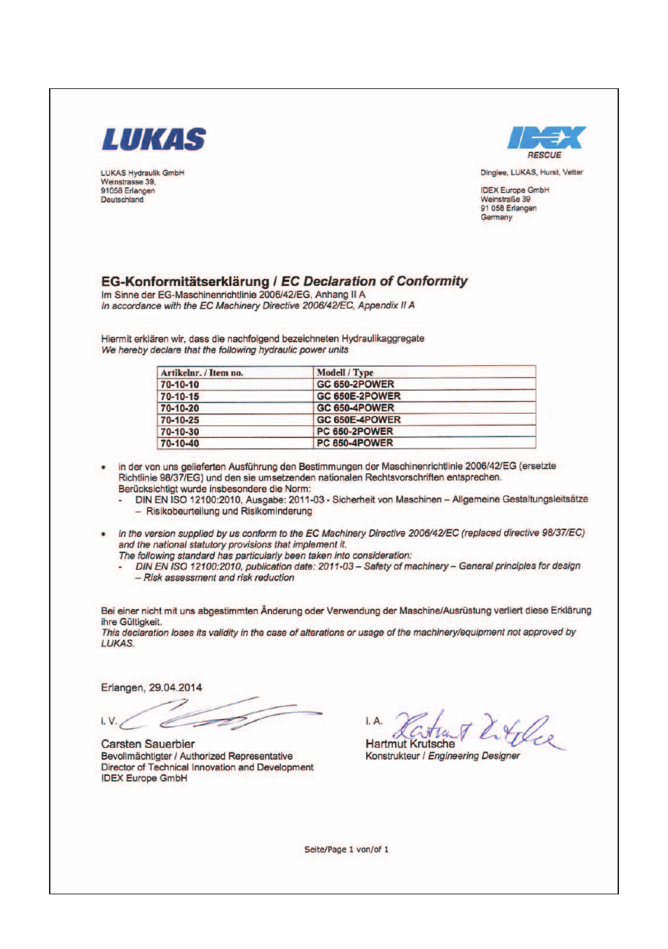 Ec declarations of conformity | Lukas PC 650 User Manual | Page 49 / 52