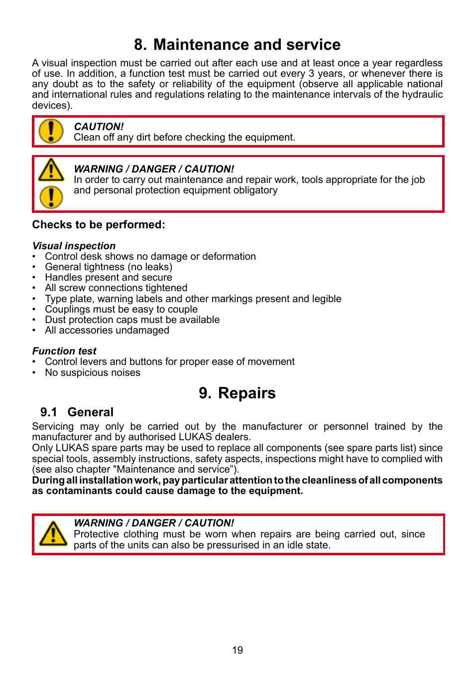 Maintenance and service 8, Repairs 9 | Lukas CT7 User Manual | Page 19 / 28