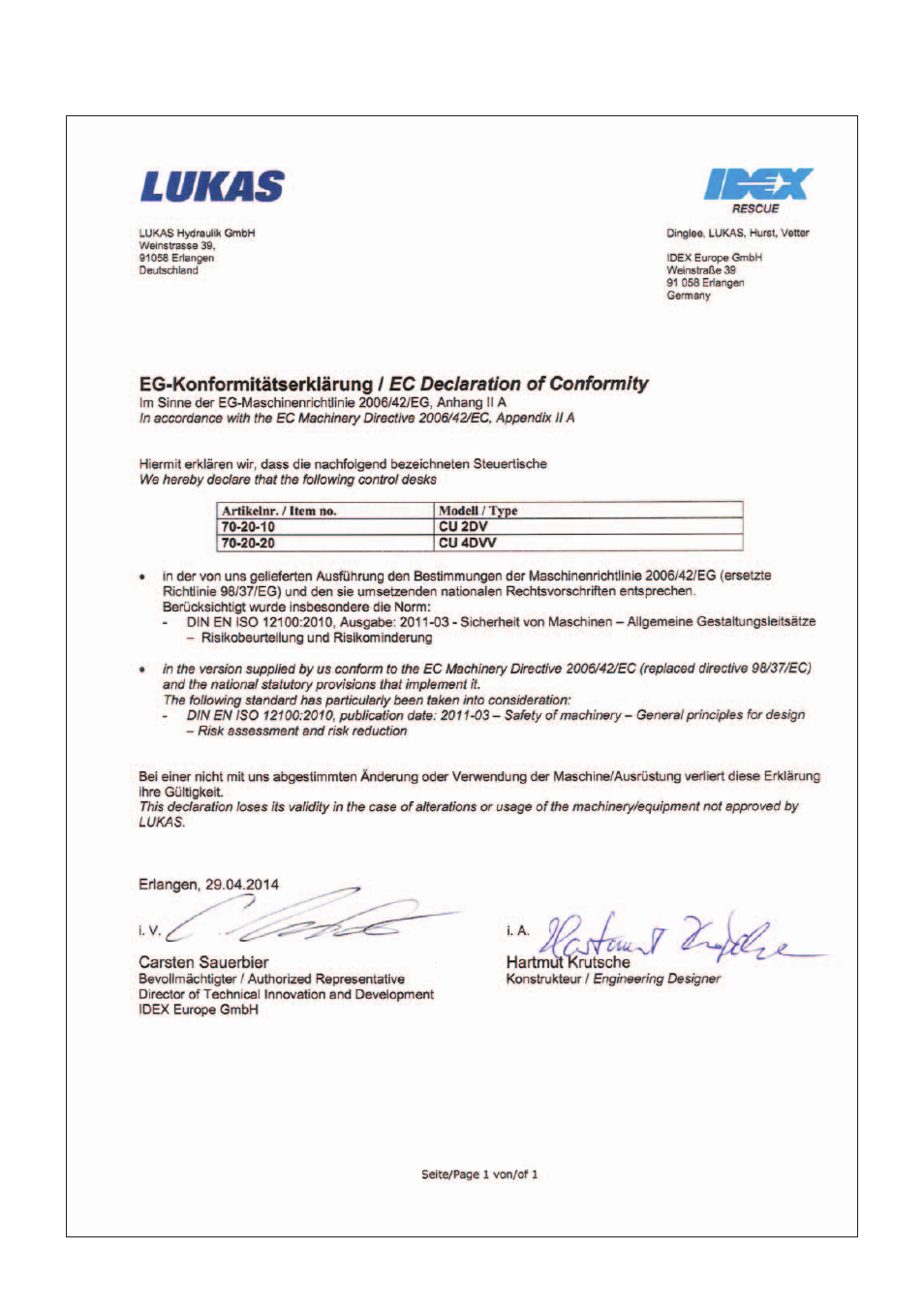 Ec declaration of conformity | Lukas CU 4DVV User Manual | Page 23 / 28