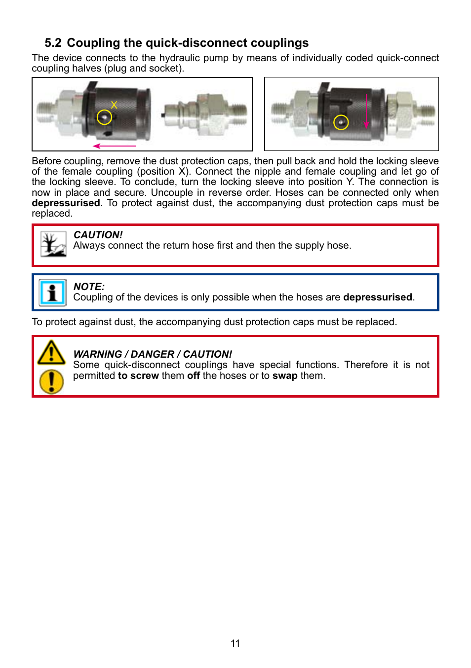 2 coupling the quick-disconnect couplings | Lukas DUO Traversing System User Manual | Page 11 / 44