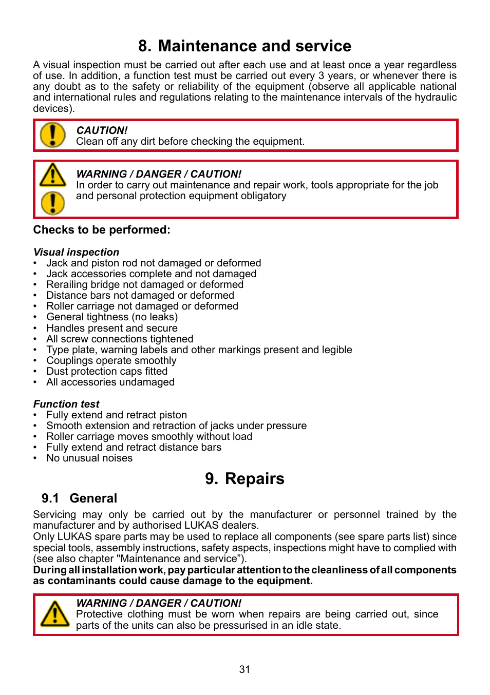 Maintenance and service 8, Repairs 9 | Lukas DUO Traversing System User Manual | Page 31 / 44