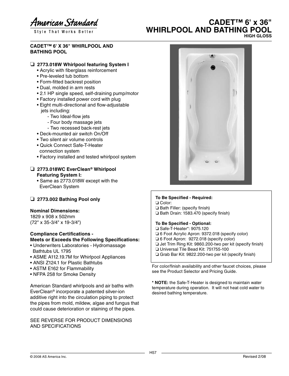 American Standard Cadet 6'x36 2773.002 User Manual | 2 pages