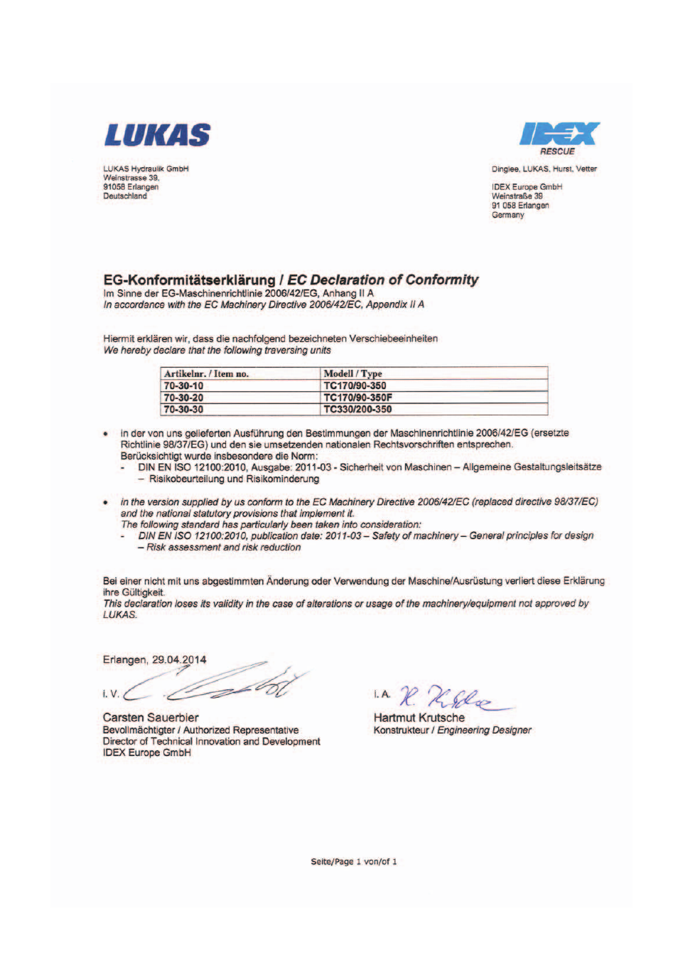 Declaration of conformity | Lukas traversing system User Manual | Page 44 / 48