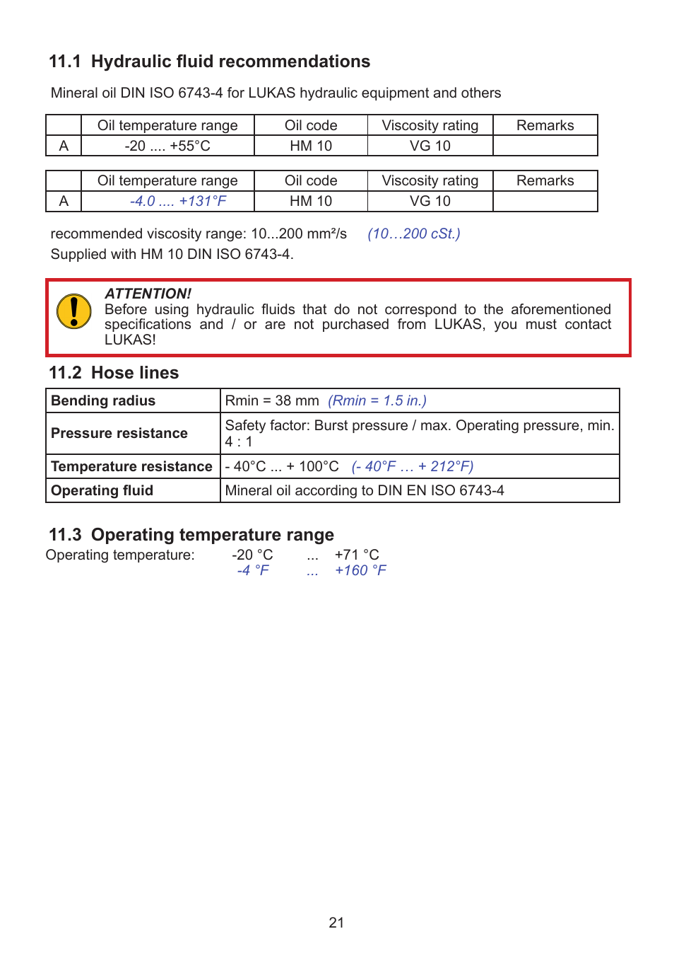 2 hose lines, 1 hydraulic fluid recommendations, 3 operating temperature range | Lukas MSM-2D mobile control module User Manual | Page 21 / 24