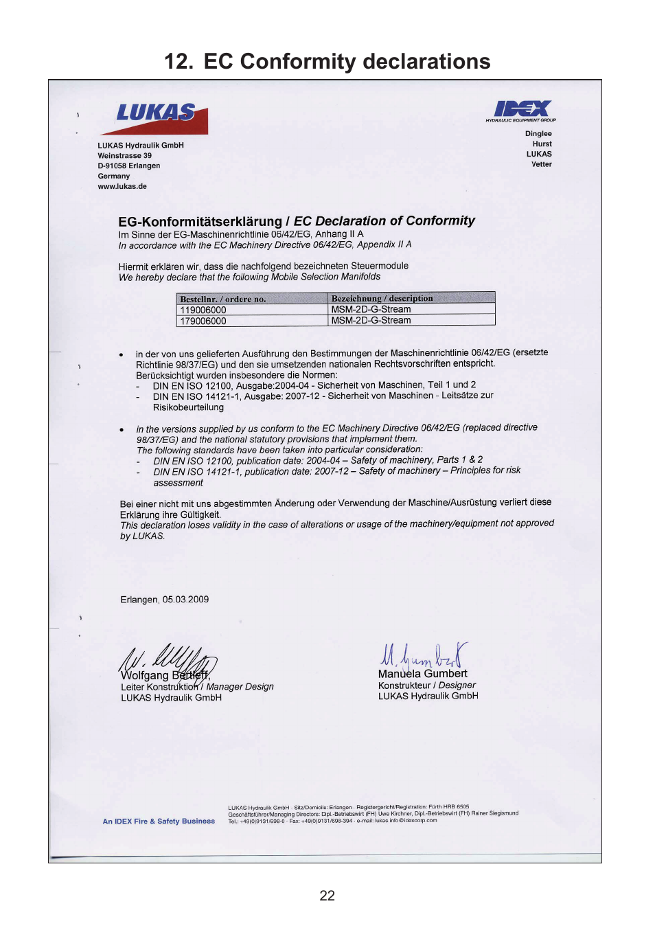 Ec conformity declarations 12 | Lukas MSM-2D mobile control module User Manual | Page 22 / 24