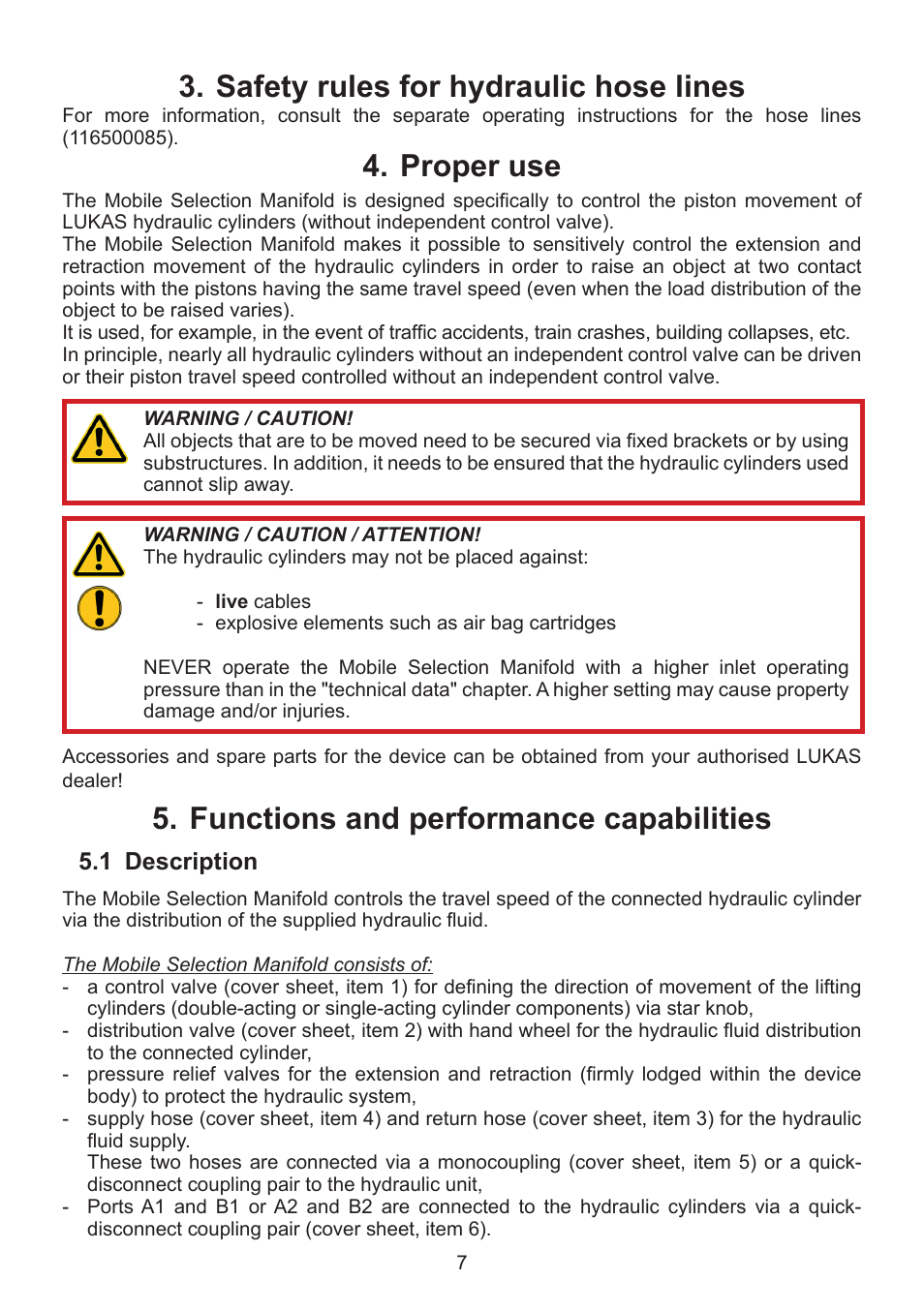 Proper use 4, Functions and performance capabilities 5, Safety rules for hydraulic hose lines 3 | Lukas MSM-2D mobile control module User Manual | Page 7 / 24