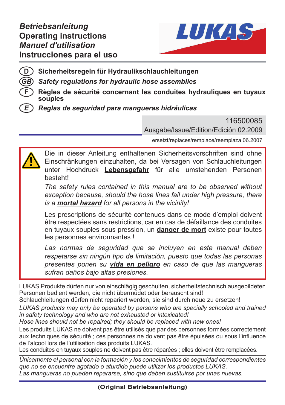 Lukas Hydraulic Hoses User Manual | 16 pages