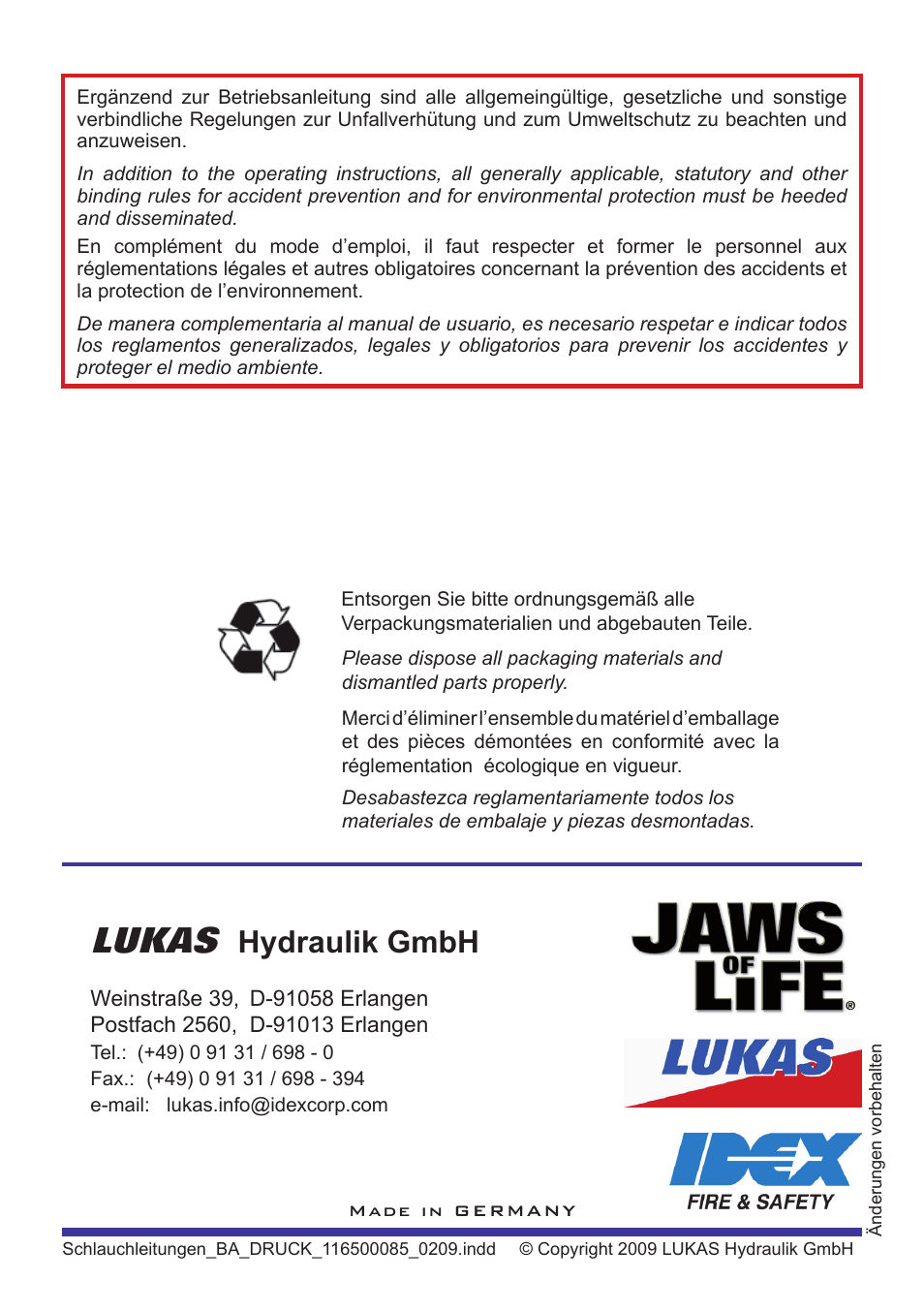 Lukas, Hydraulik gmbh | Lukas Hydraulic Hoses User Manual | Page 16 / 16