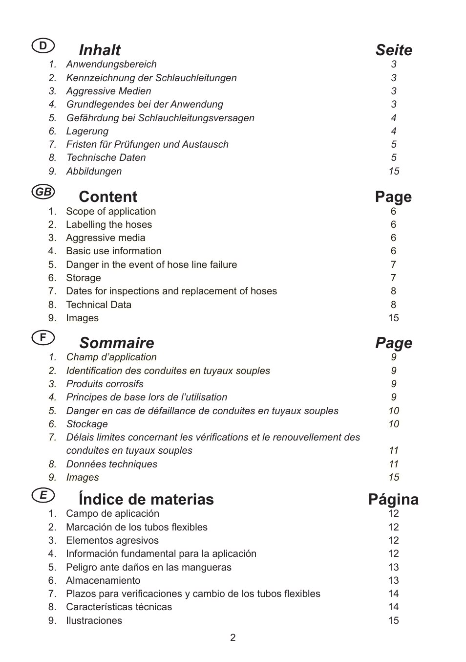 Inhalt seite, Content page, Sommaire page | Índice de materias página | Lukas Hydraulic Hoses User Manual | Page 2 / 16