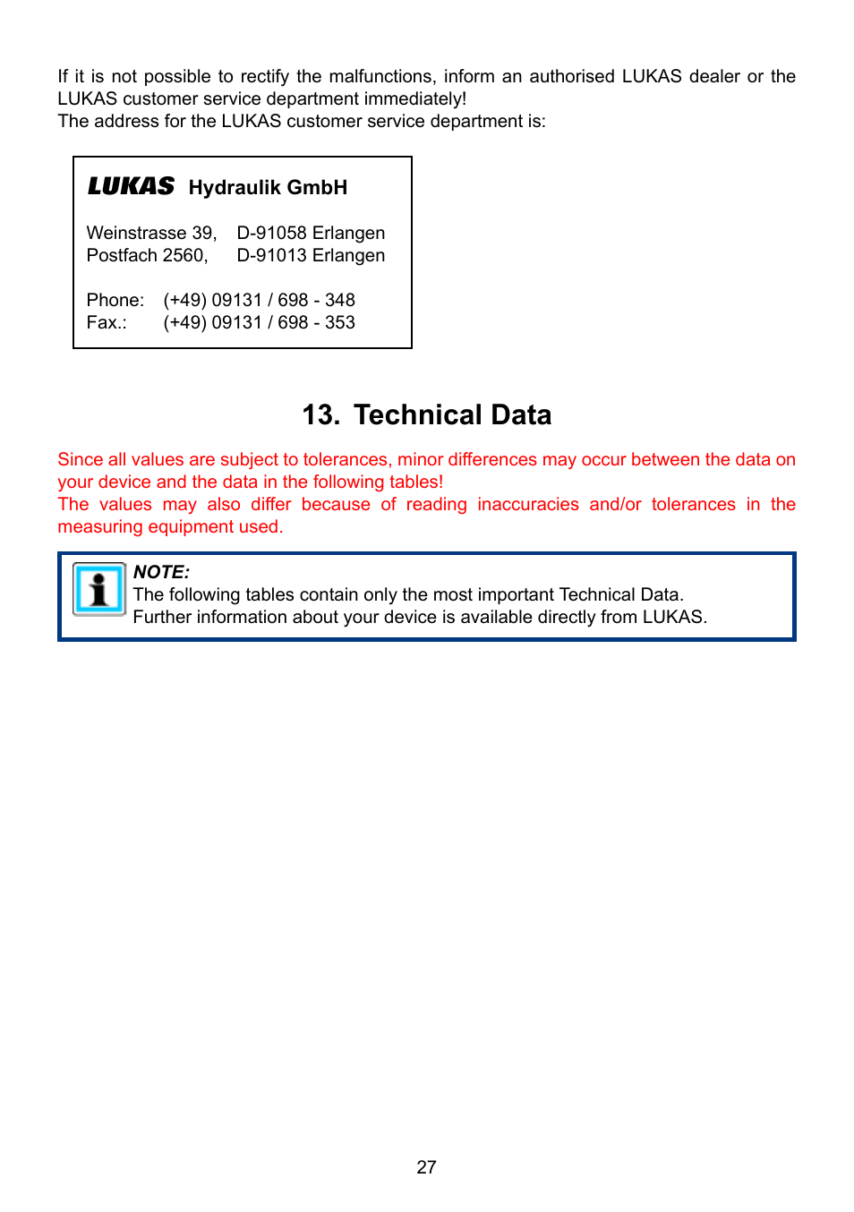 Technical data, Lukas | Lukas HP Cylinders User Manual | Page 27 / 32