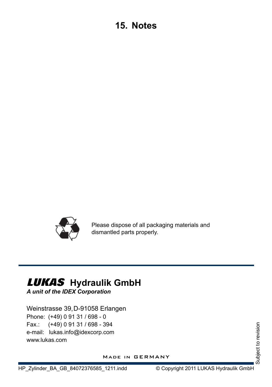 Lukas, Hydraulik gmbh | Lukas HP Cylinders User Manual | Page 32 / 32