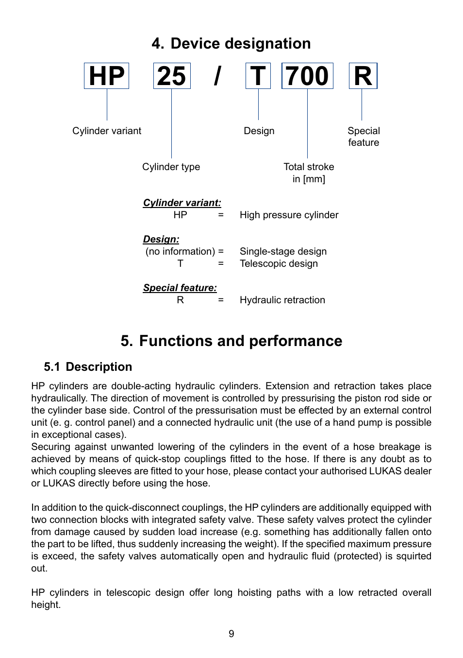 Device designation 5. functions and performance | Lukas HP Cylinders User Manual | Page 9 / 32