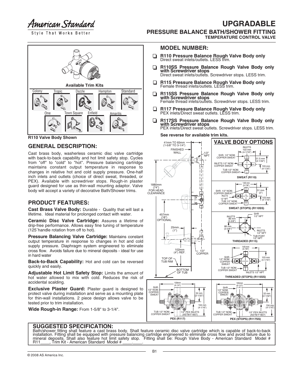 American Standard Pressure Balance Bath/Shower Temperature Control Valve R117SS User Manual | 5 pages
