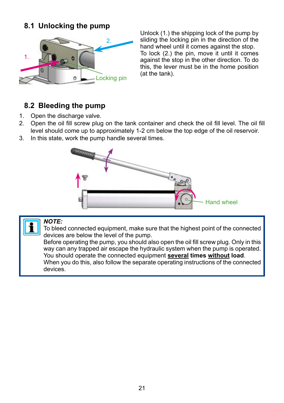 1 unlocking the pump 8.2 bleeding the pump | Lukas LH2 User Manual | Page 21 / 44
