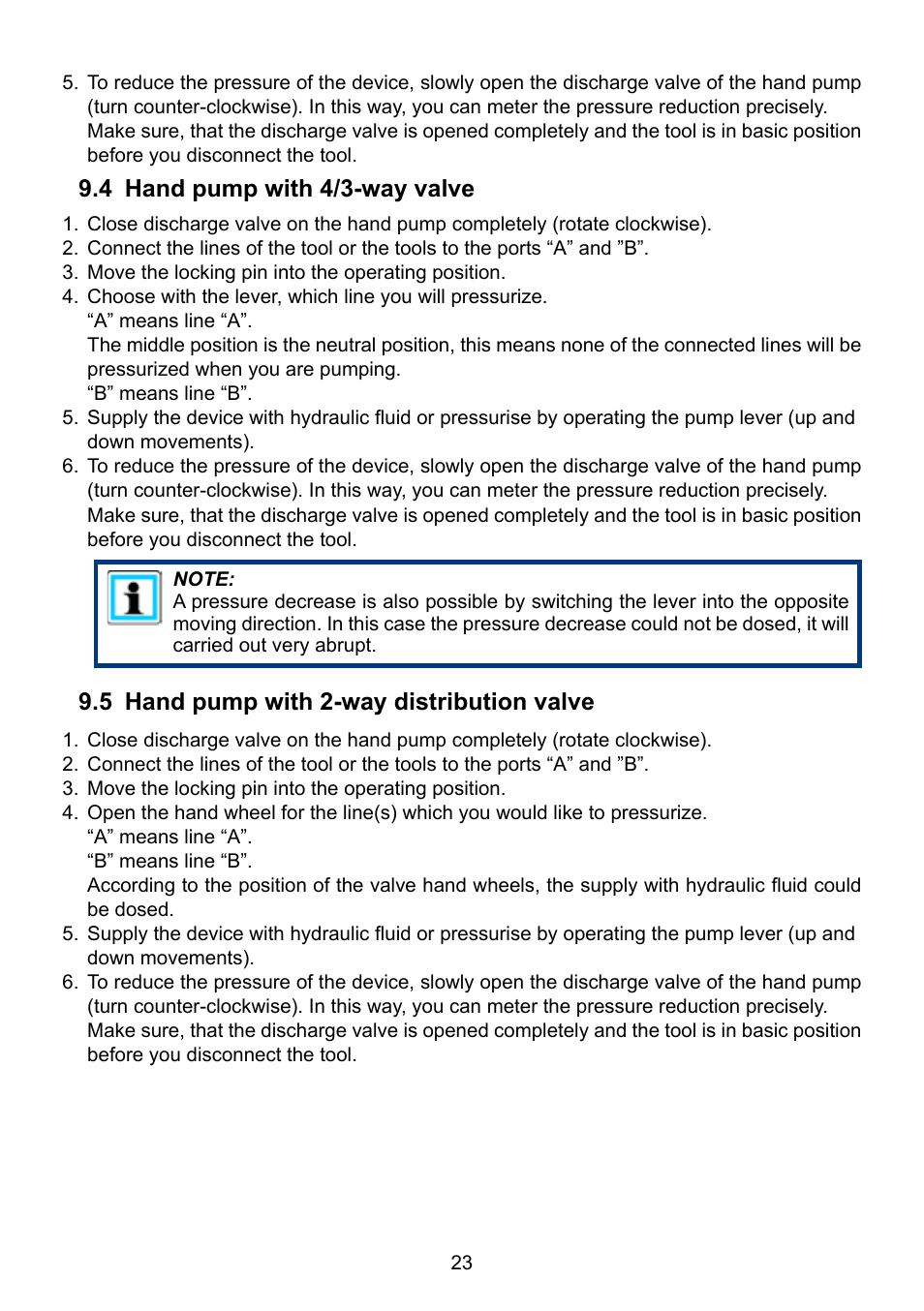 4 hand pump with 4/3-way valve, 5 hand pump with 2-way distribution valve | Lukas LH2 User Manual | Page 23 / 44