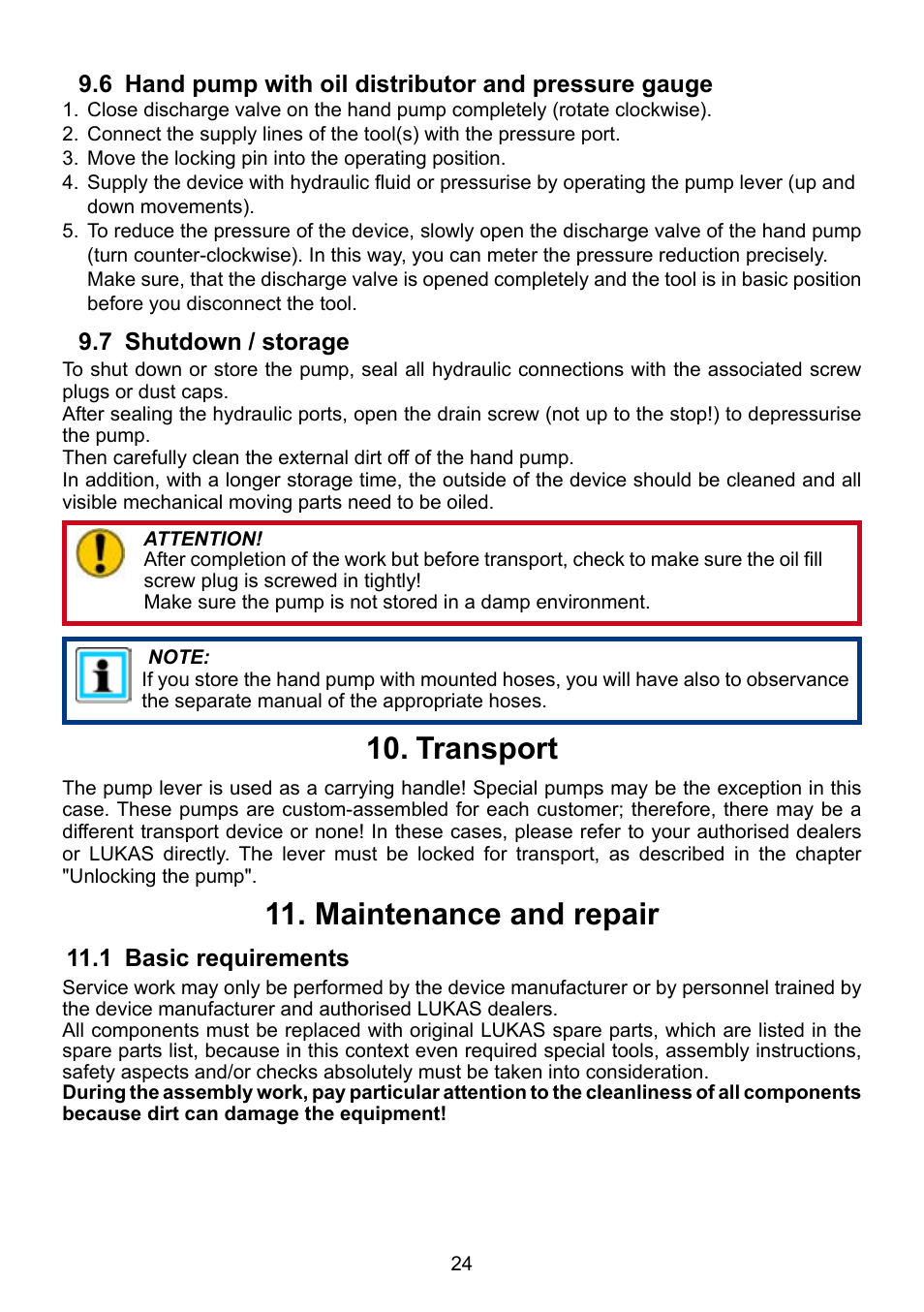 Transport 10, Maintenance and repair 11 | Lukas LH2 User Manual | Page 24 / 44