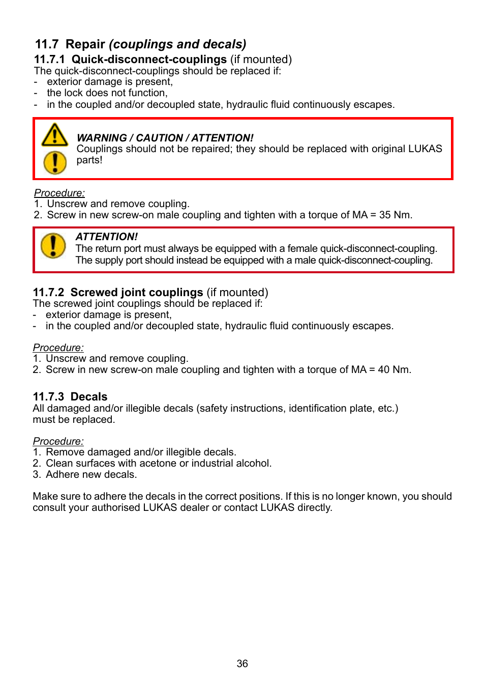 7 repair (couplings and decals) | Lukas LH2 User Manual | Page 36 / 44