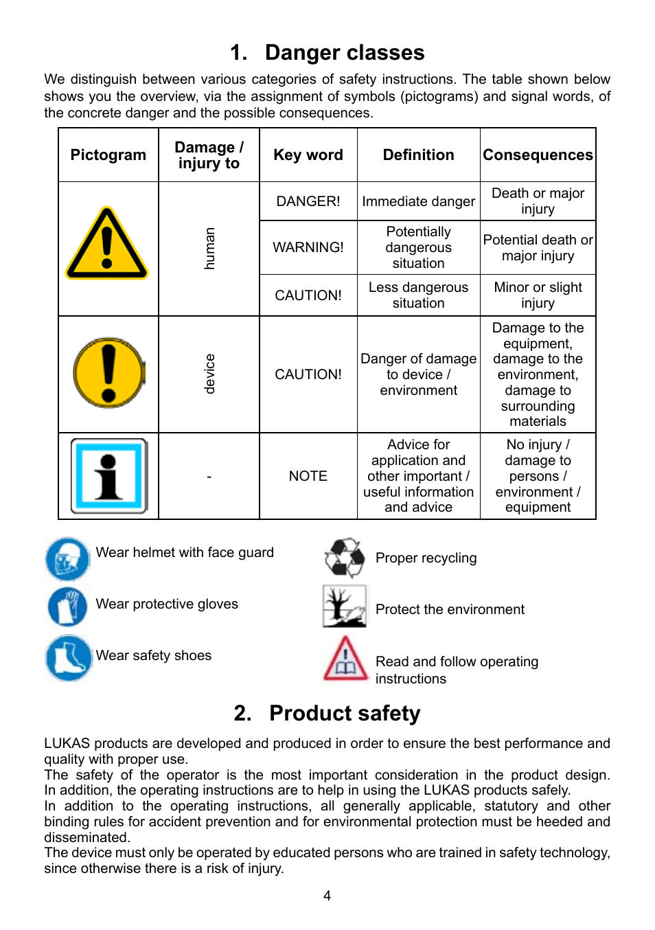 Danger classes 1. product safety 2 | Lukas LH2 User Manual | Page 4 / 44