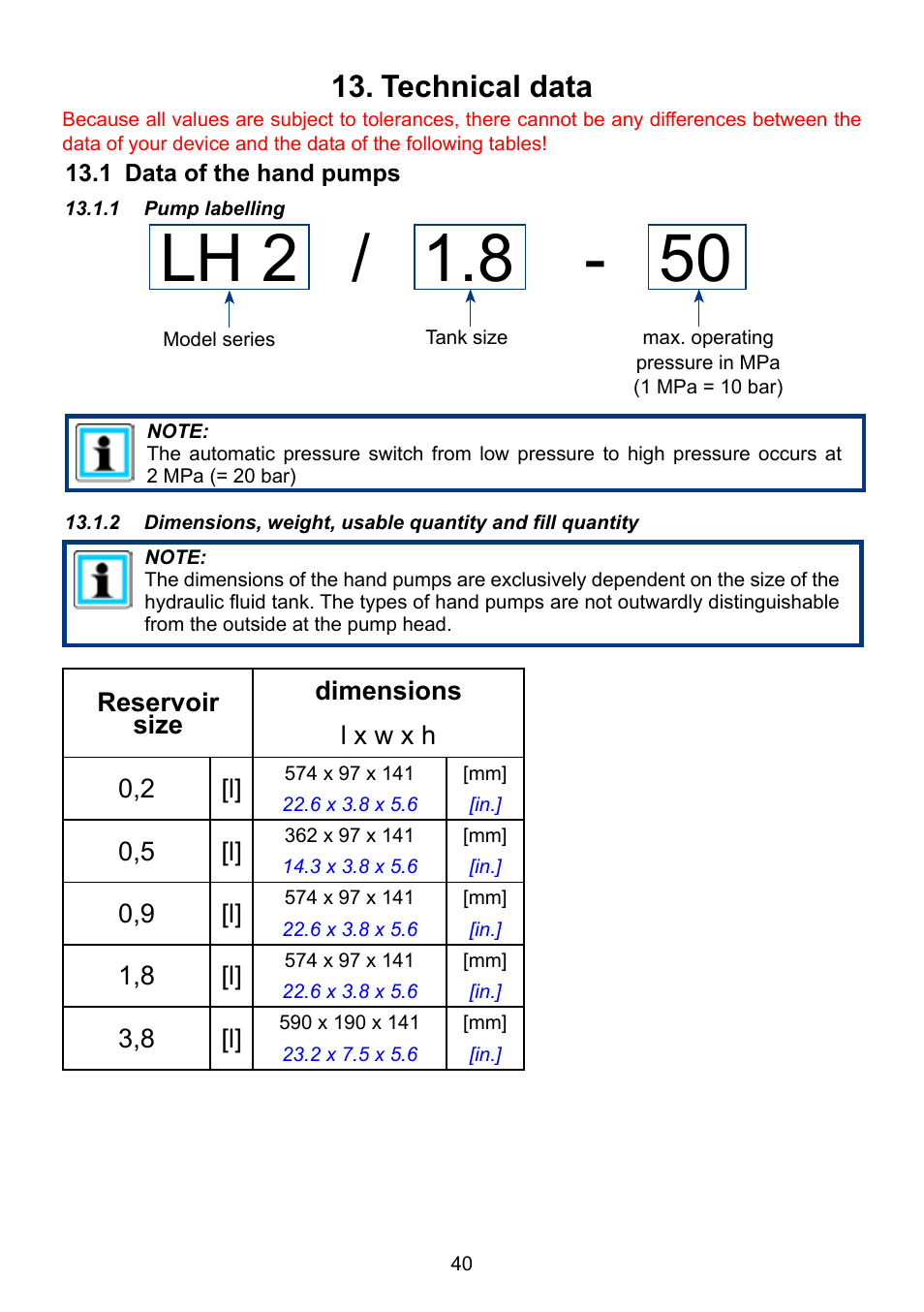 Technical data 13, 0,5 [l, 0,9 [l | 1,8 [l, 3,8 [l | Lukas LH2 User Manual | Page 40 / 44