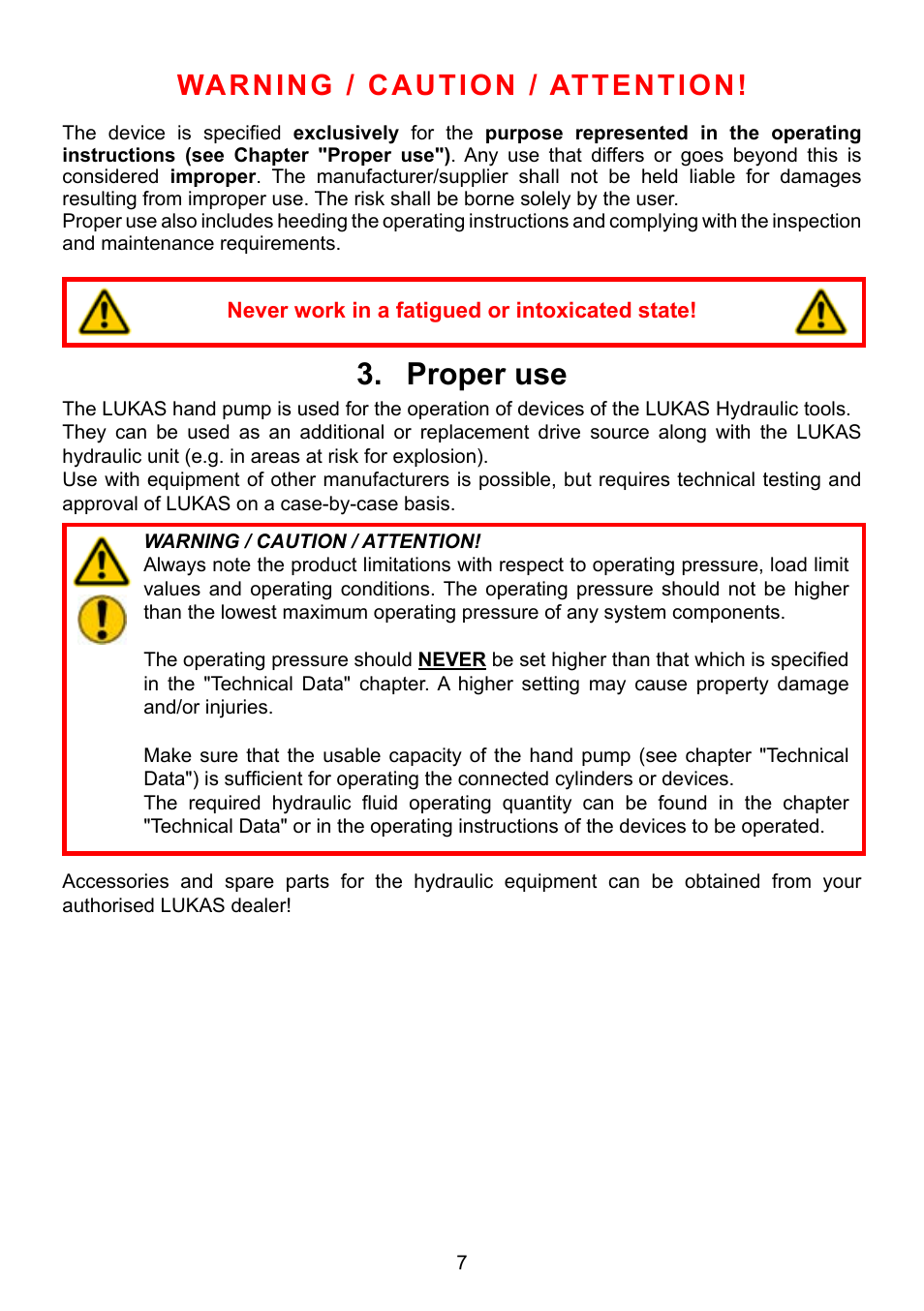 Proper use 3, Warning / caution / attention | Lukas LH2 User Manual | Page 7 / 44