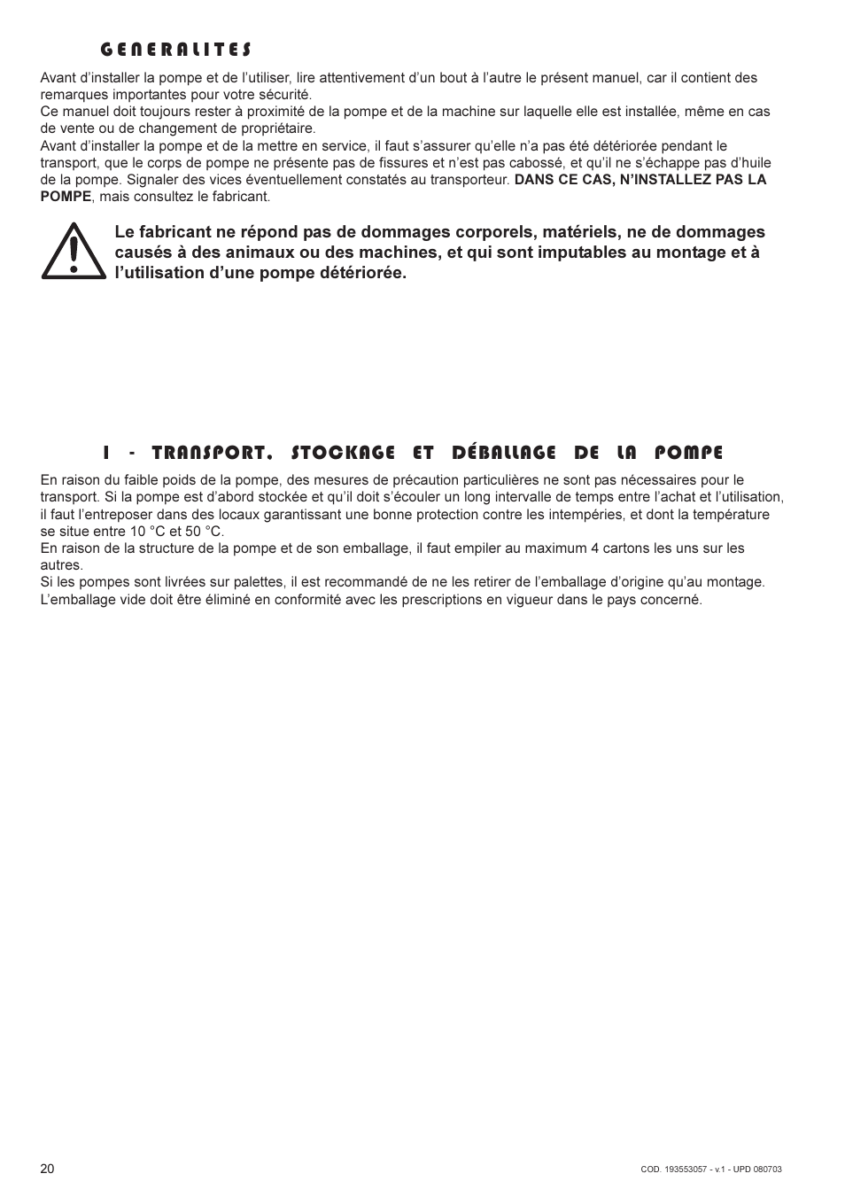1 - transport, stockage et déballage de la pompe | Lukas AHP2-1 User Manual | Page 20 / 42