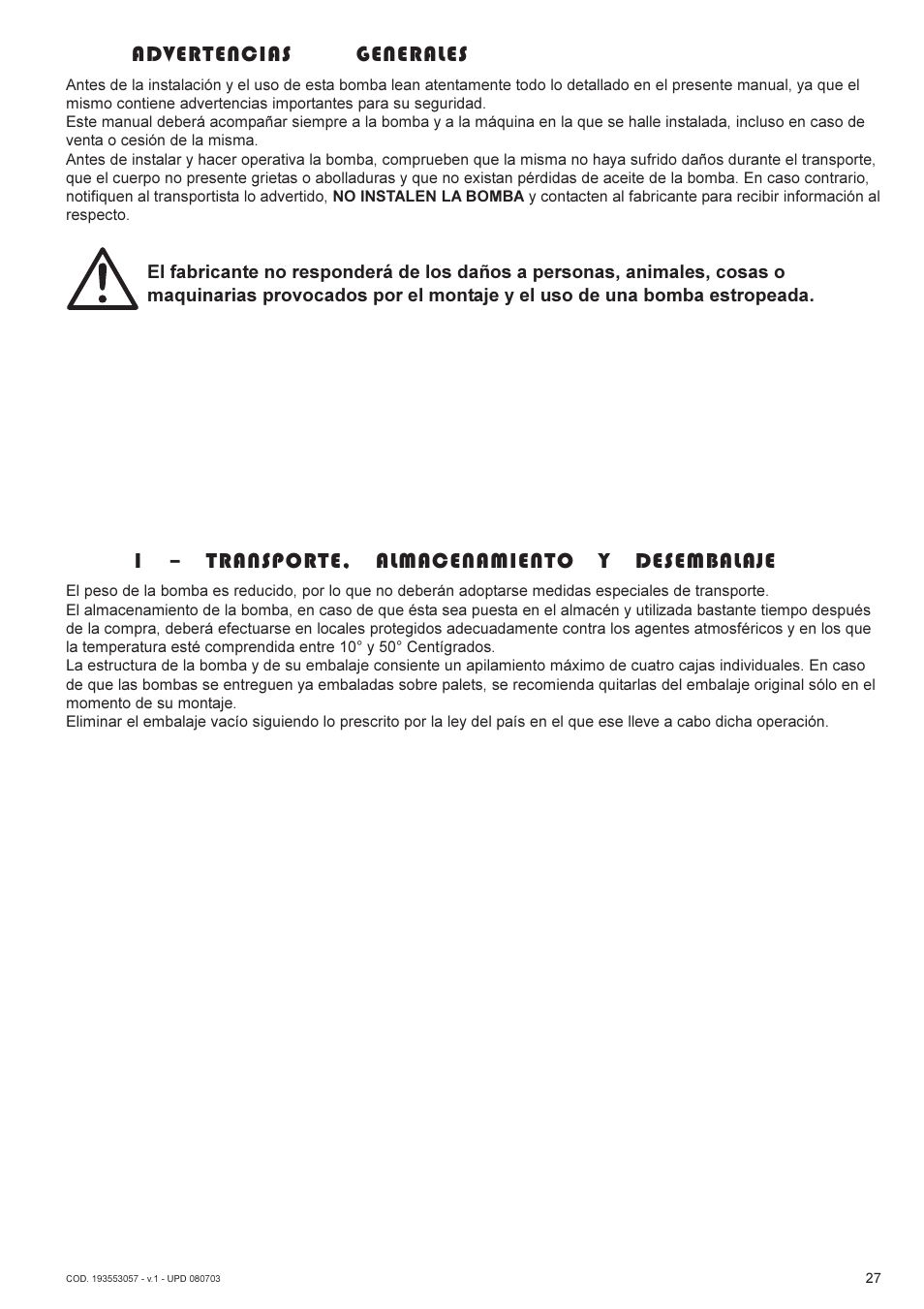 Advertencias generales, 1  transporte, almacenamiento y desembalaje | Lukas AHP2-1 User Manual | Page 27 / 42