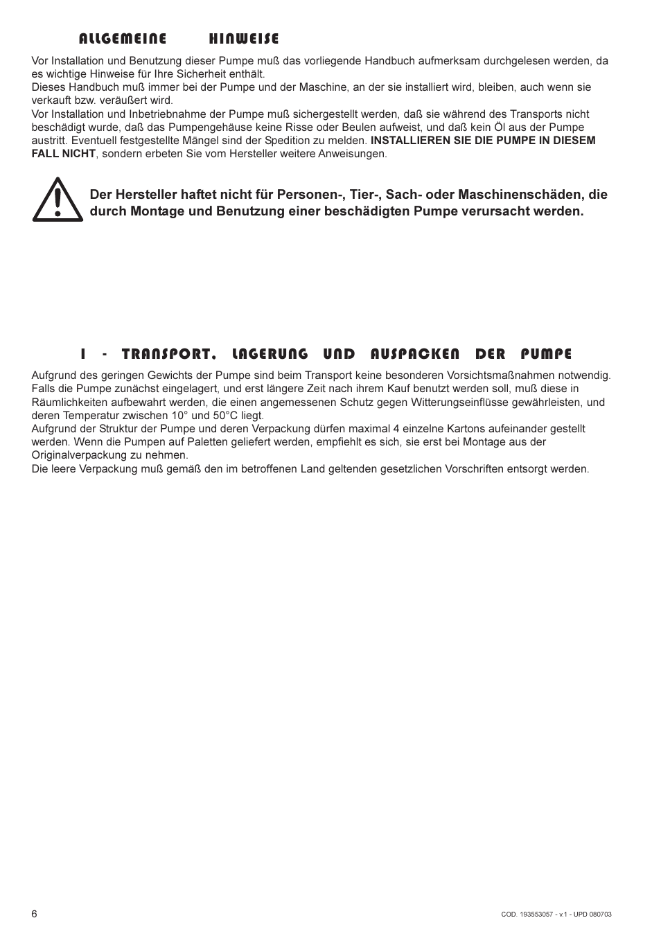 1 - transport, lagerung und auspacken der pumpe, Allgemeine hinweise | Lukas AHP2-1 User Manual | Page 6 / 42