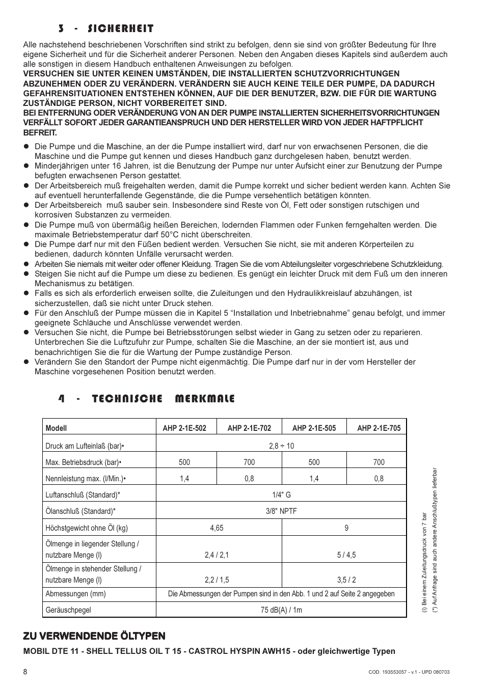 4 - technische merkmale, 3 - sicherheit, Zu verwendende öl | Lukas AHP2-1 User Manual | Page 8 / 42