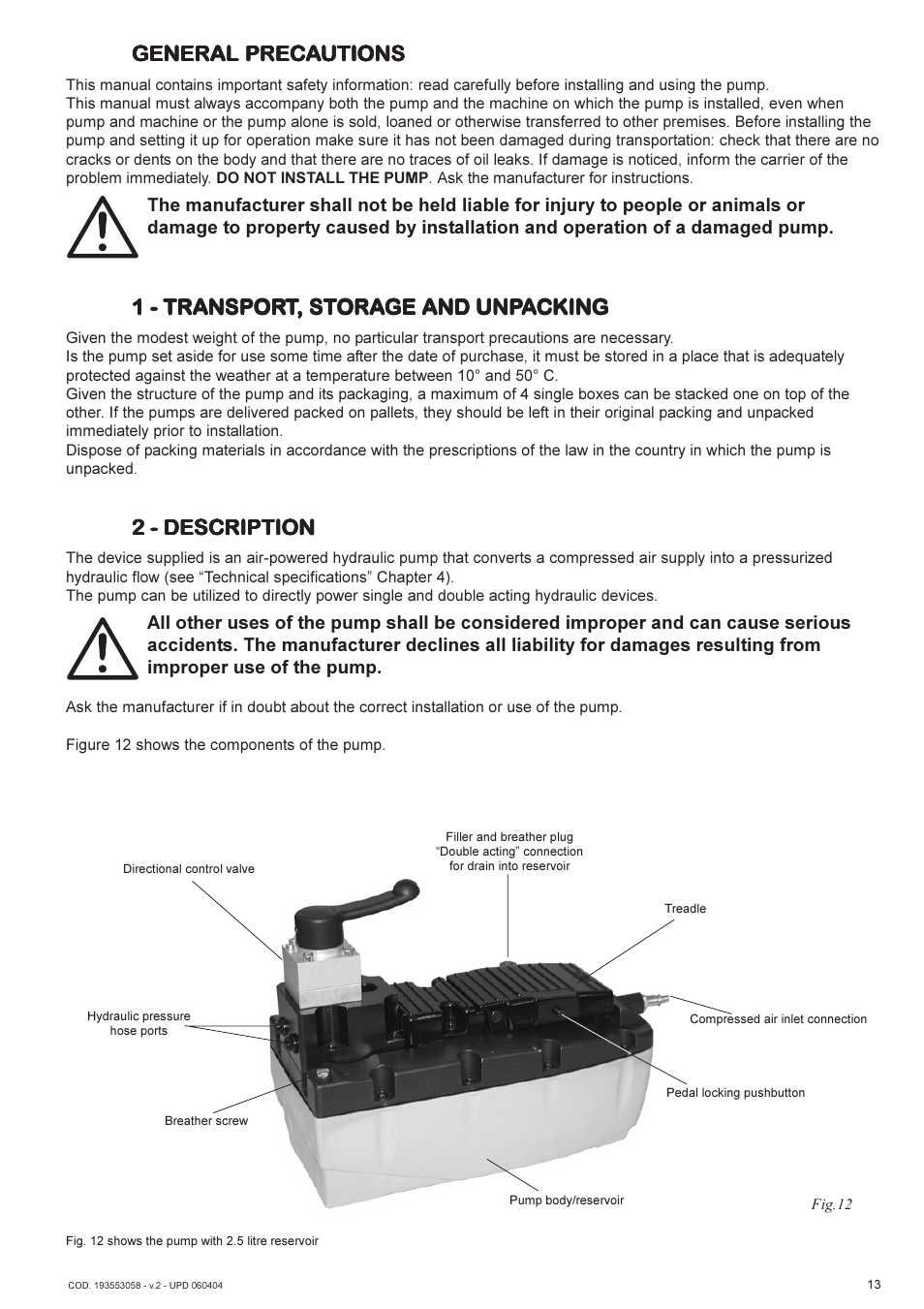 General preca, 1 - transpor, 2 - description | Lukas AHP2-1D User Manual | Page 13 / 40