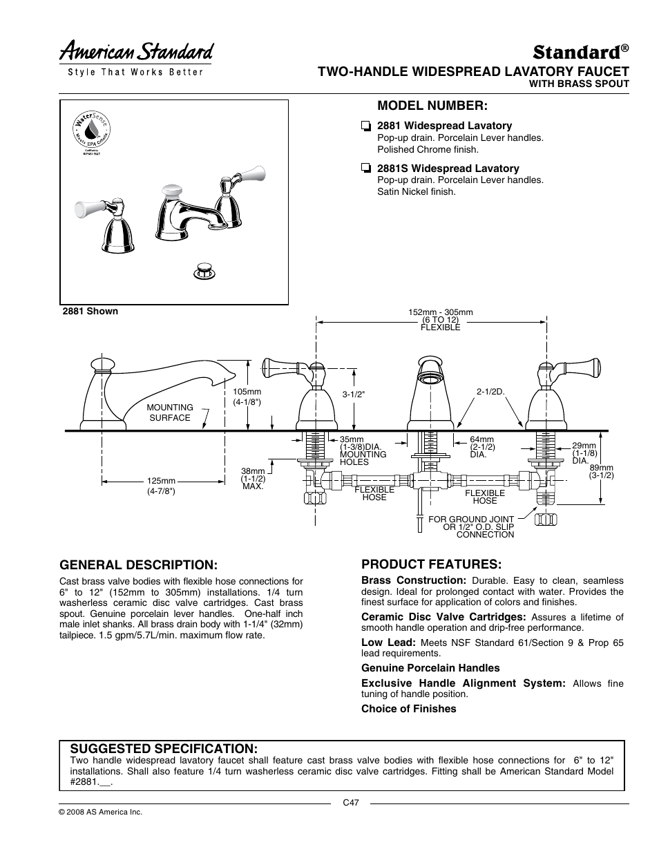American Standard 2881 User Manual | 2 pages