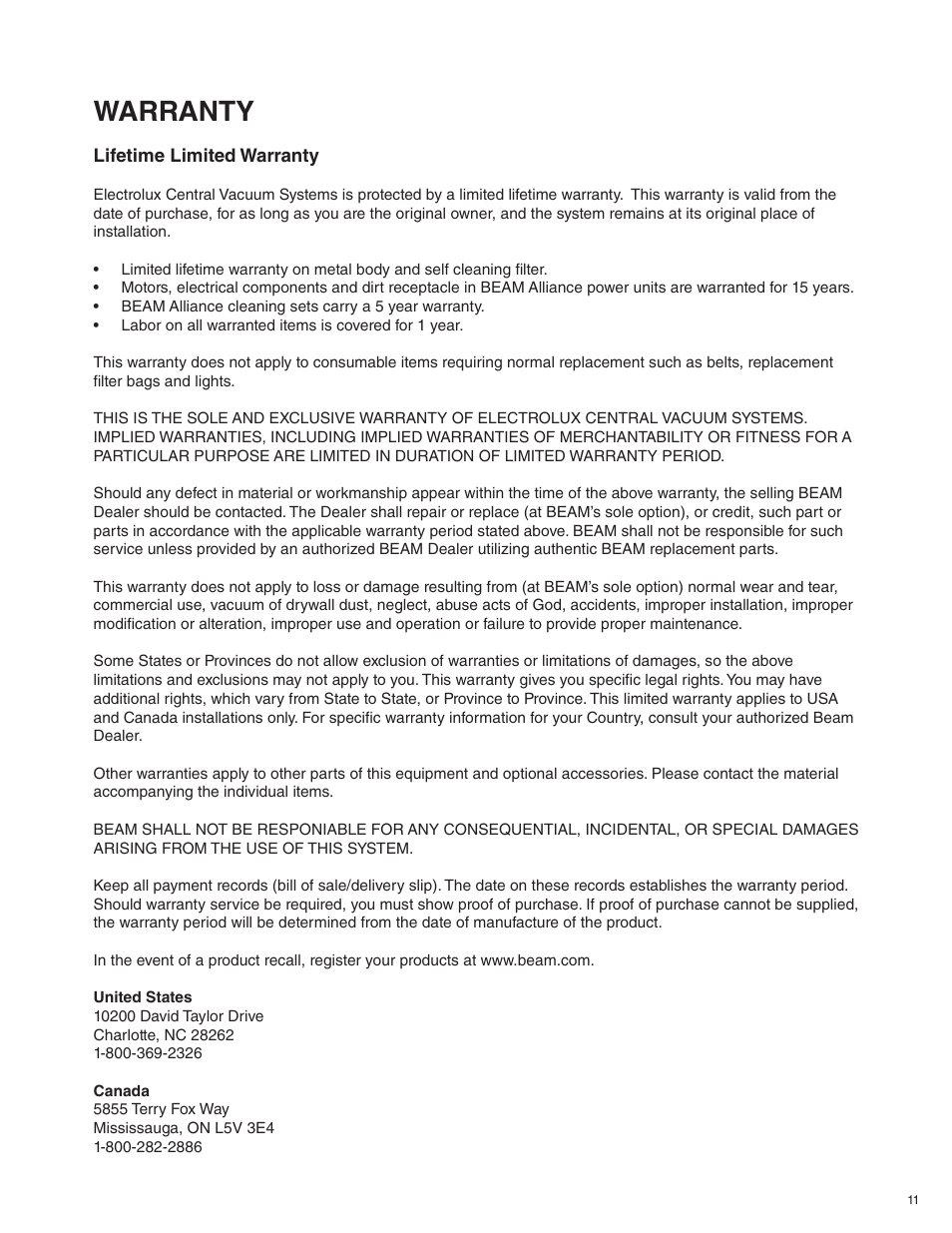 Warranty | Beam Electrolux Alliance V.1 User Manual | Page 11 / 36