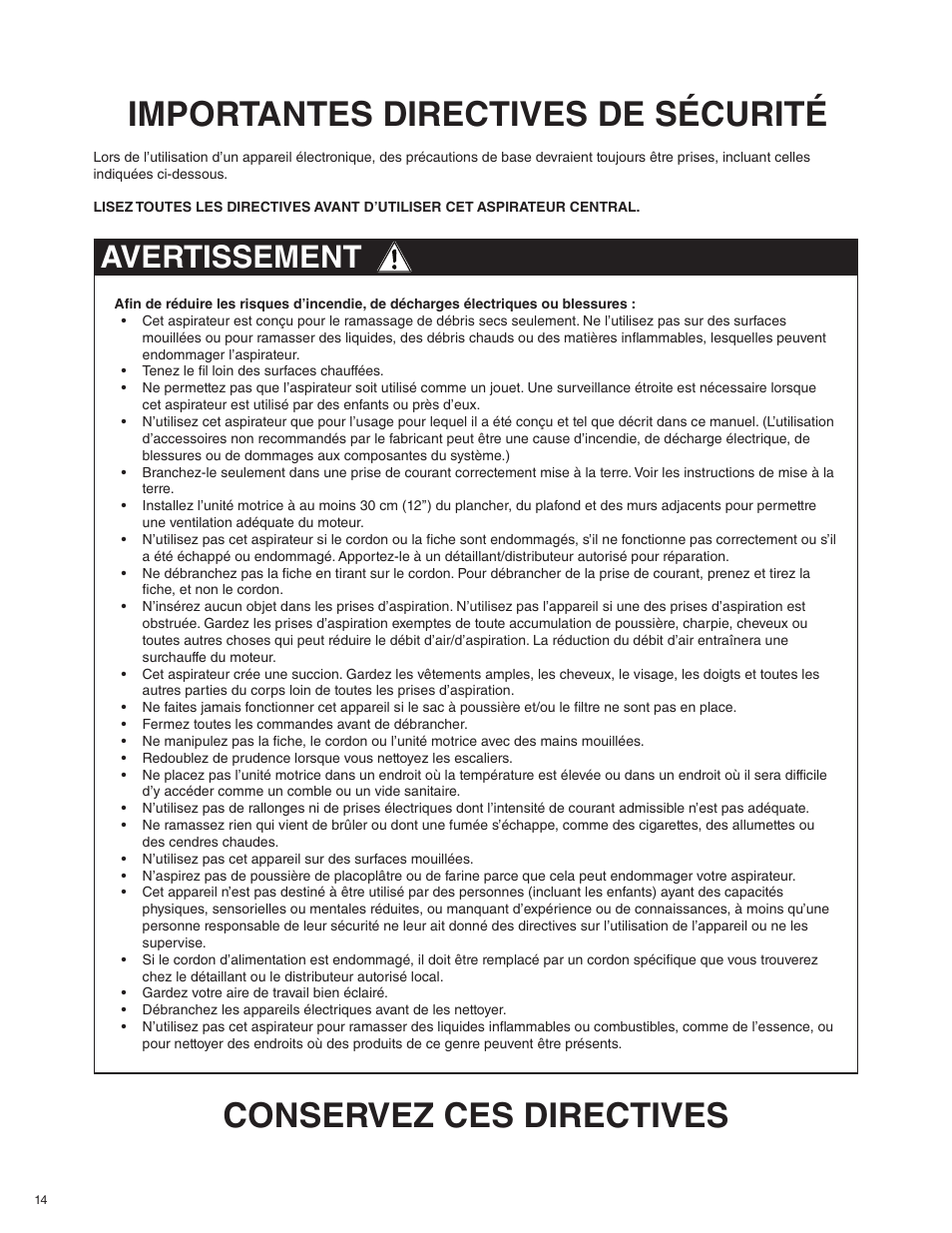 Importantes directives de sécurité, Conservez ces directives, Avertissement | Beam Electrolux Alliance V.1 User Manual | Page 14 / 36